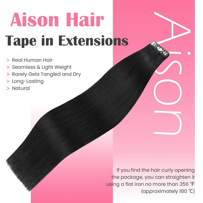 Aison Natural Black Tape in Hair Extensions Human Hair 16 Inches 30g 20 Pcs/Pack Hair Extensions Tape in - Image 2